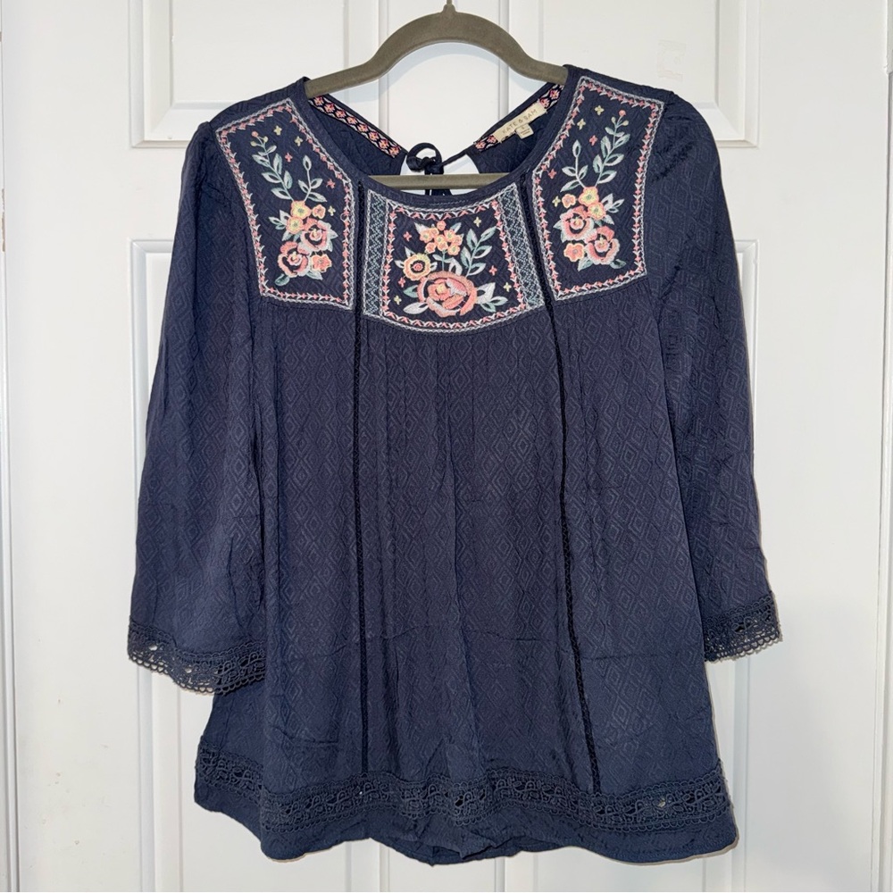 Kate & Sam blue boho floral embroidered open back tassel tie lace top S
